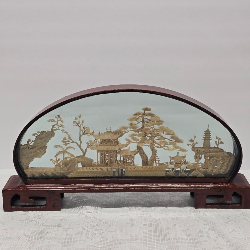 Vintage Chinese Cork Carving Diorama Pagoda With Cranes Lacquered Shadowbox MCM